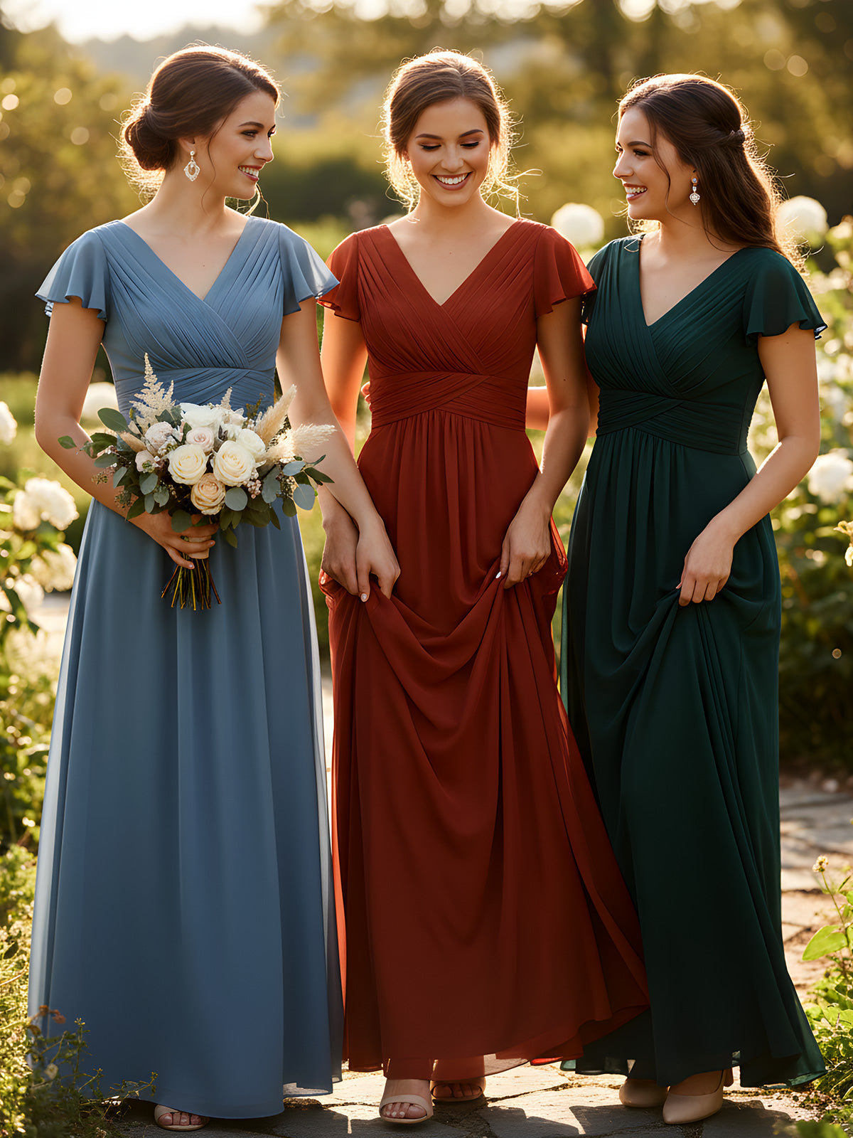 Cap Sleeves Chiffon Long Bridesmaid Dress Burgundy