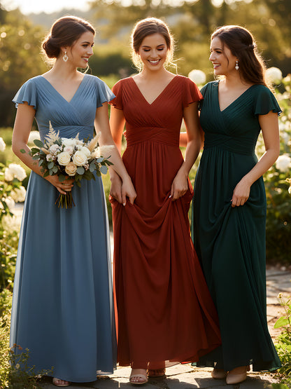 Cap Sleeves Chiffon Long Bridesmaid Dress Burgundy