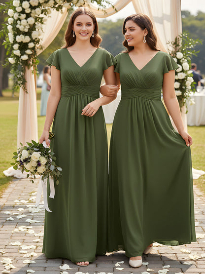 Cap Sleeves Chiffon Long Bridesmaid Dress Burgundy