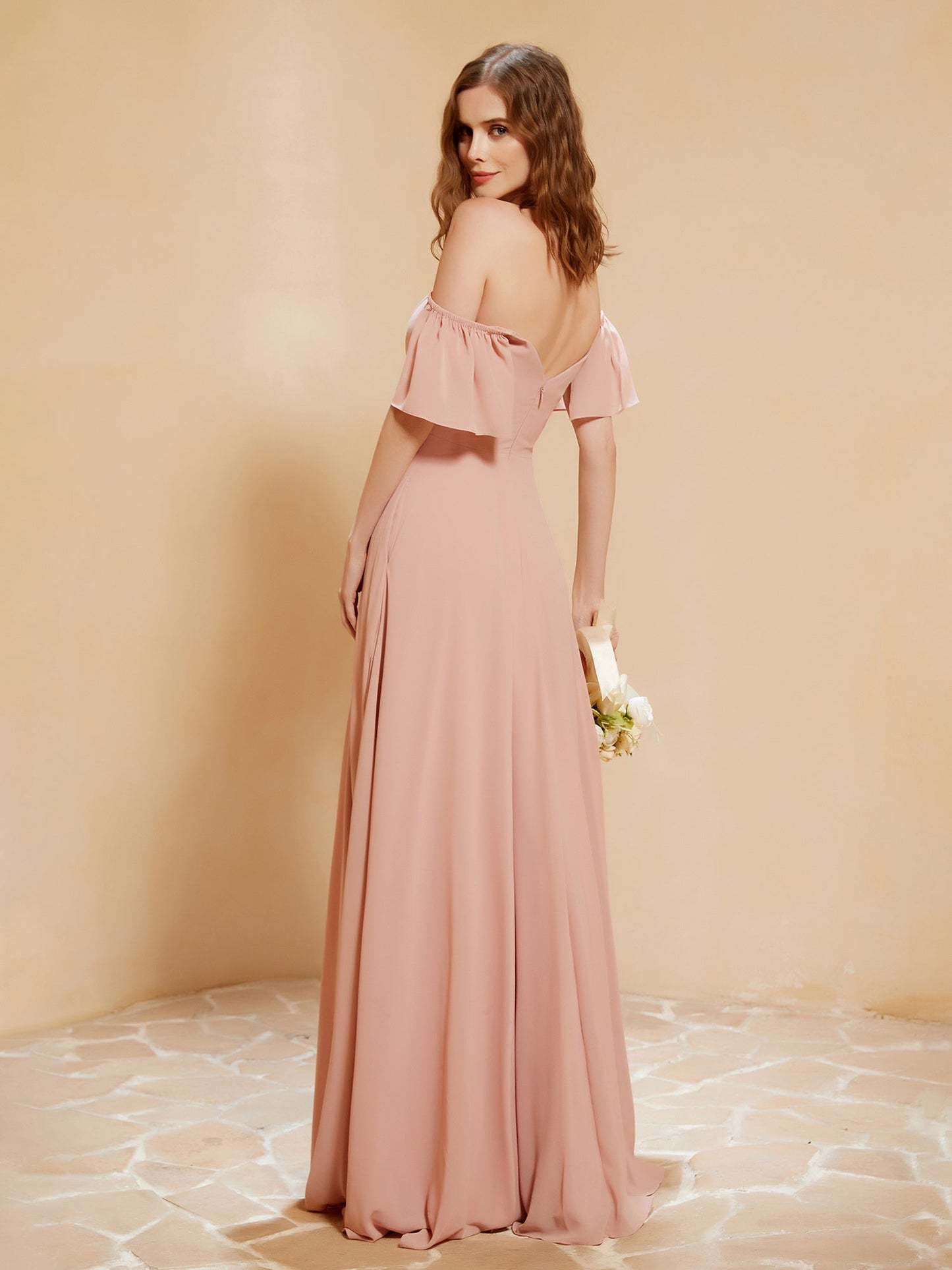 Off The Shoulder Chiffon Dress With Pocket Dusty Rose