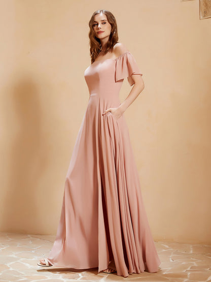 Off The Shoulder Chiffon Dress With Pocket Dusty Rose