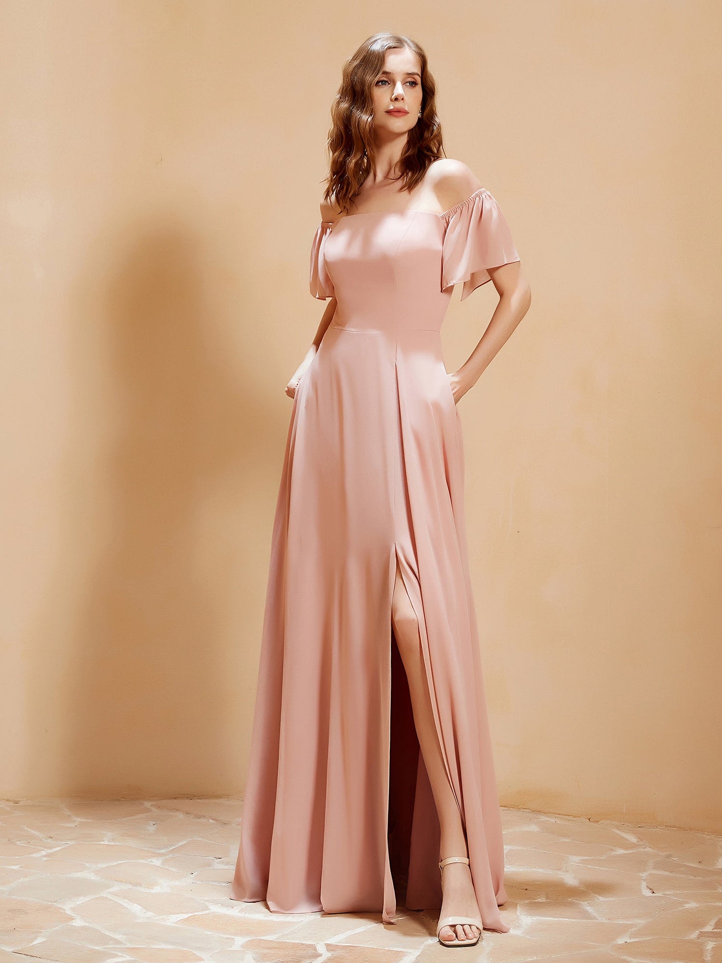 Off The Shoulder Chiffon Dress With Pocket Dusty Rose