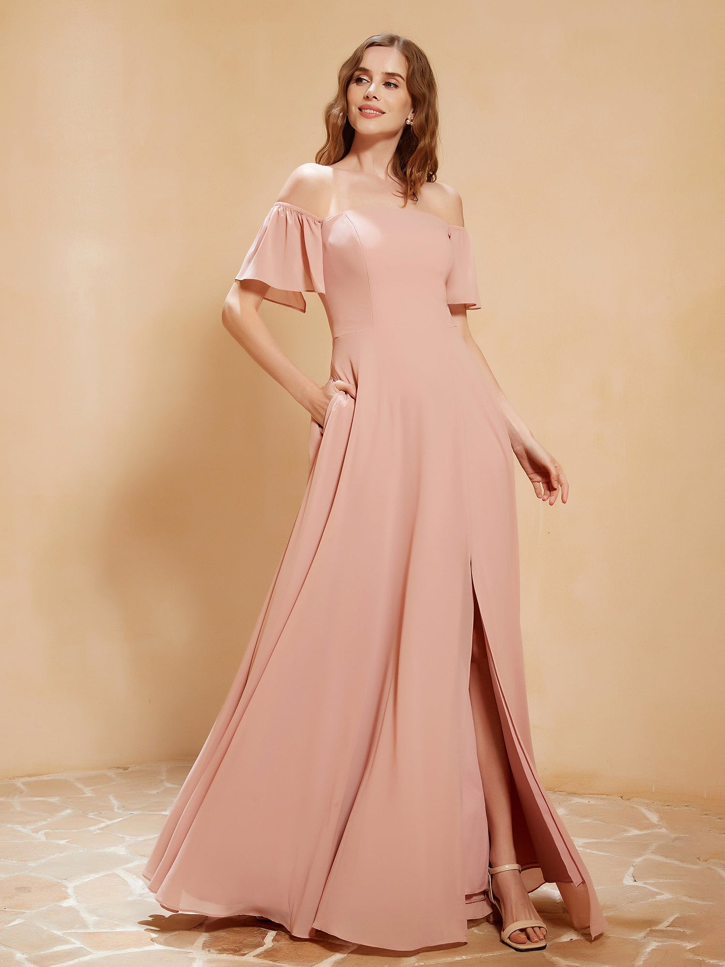 Off The Shoulder Chiffon Dress With Pocket Dusty Rose