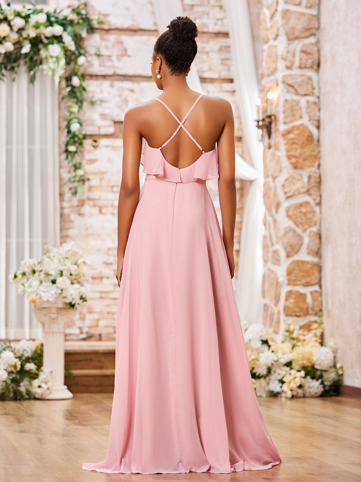 Spaghetti Strap Short Front Long Back Chiffon Dresses Dusty Rose