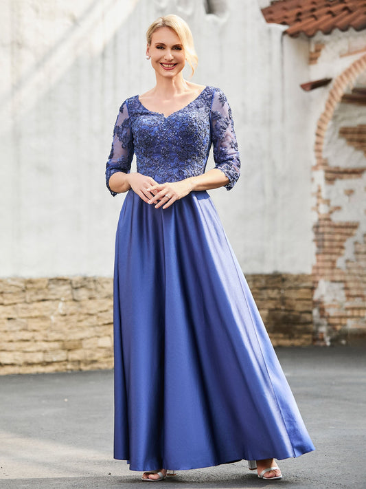 V-Neck Lace Top A-line Satin Dress Navy Blue