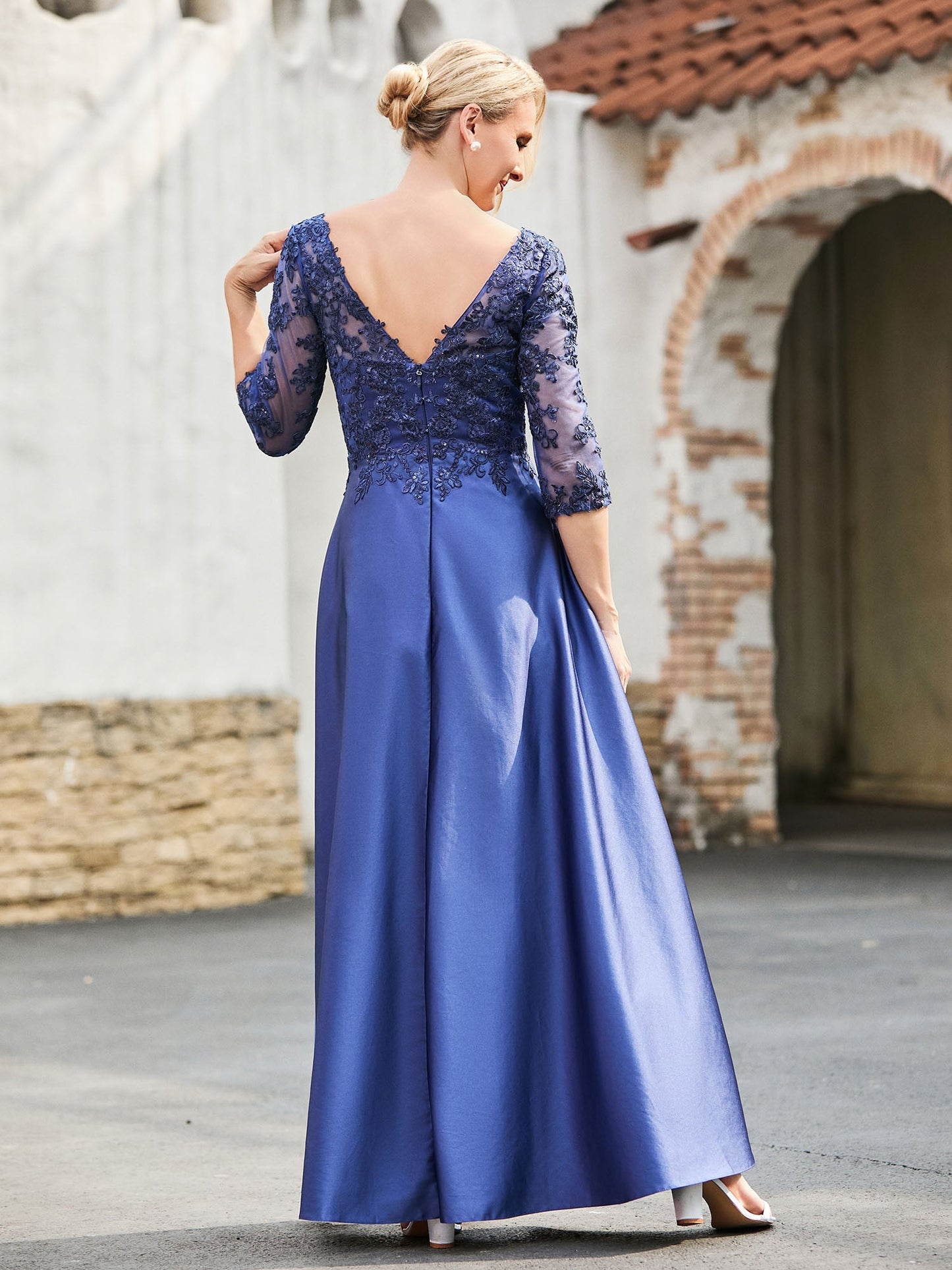 V-Neck Lace Top A-line Satin Dress Navy Blue