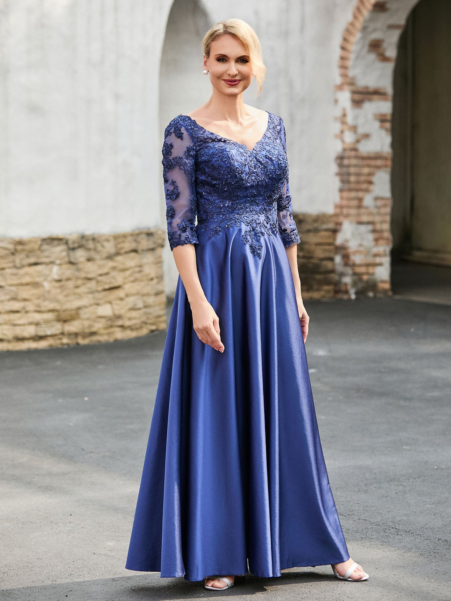 V-Neck Lace Top A-line Satin Dress Navy Blue