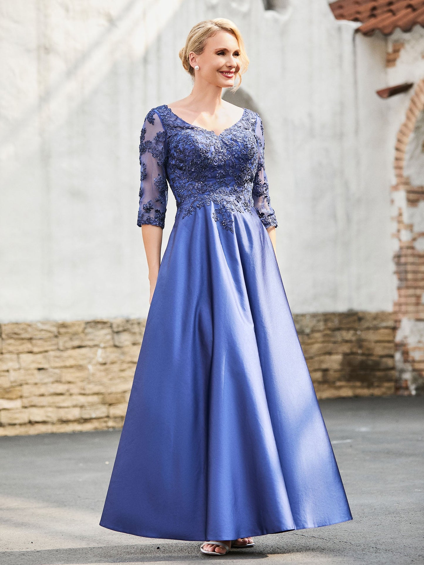V-Neck Lace Top A-line Satin Dress Navy Blue