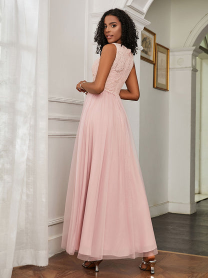 A-Line Sleeveless Tulle Floor-Length Dress Dusty Rose