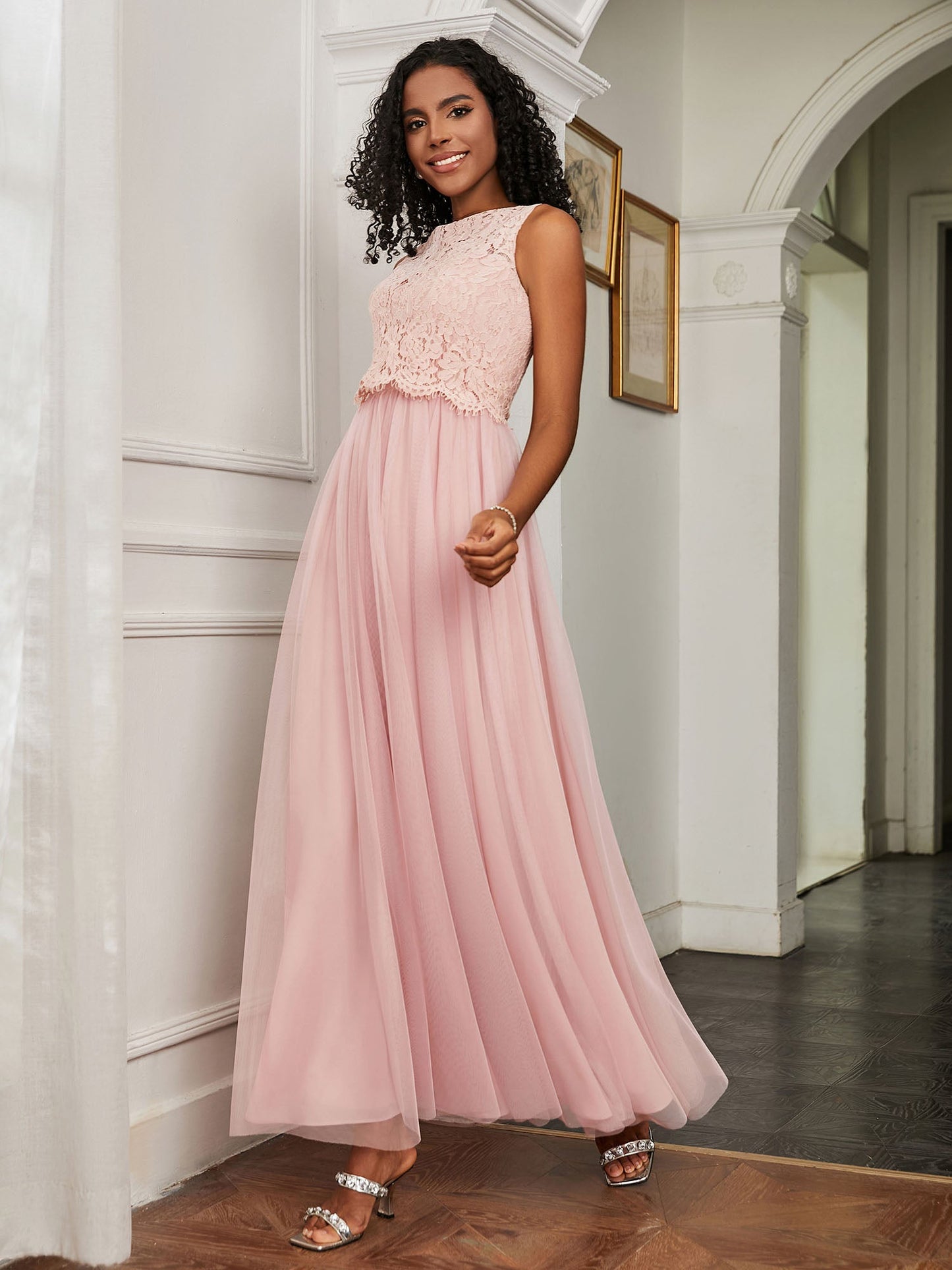 A-Line Sleeveless Tulle Floor-Length Dress Dusty Rose