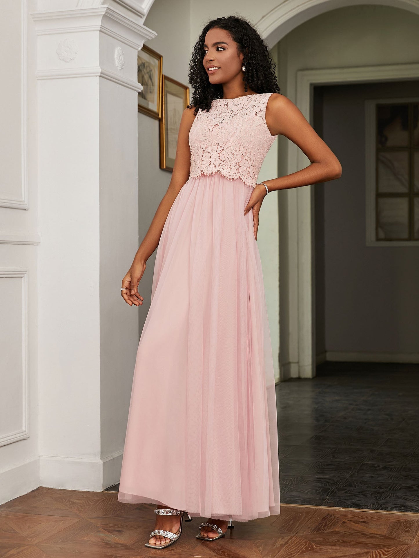 A-Line Sleeveless Tulle Floor-Length Dress Dusty Rose