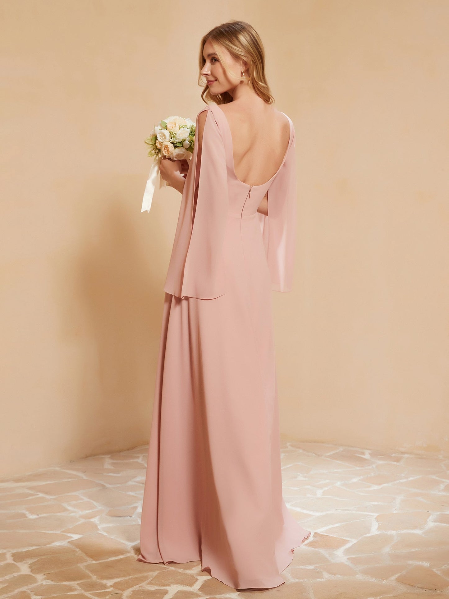 Square Neckline Ruched Chiffon Floor-length Dress Dusty Rose