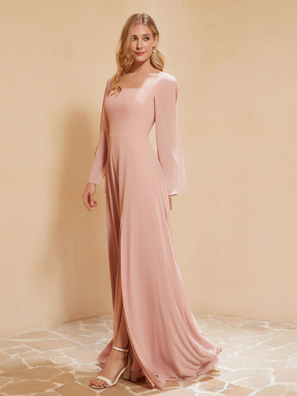 Square Neckline Ruched Chiffon Floor-length Dress Dusty Rose