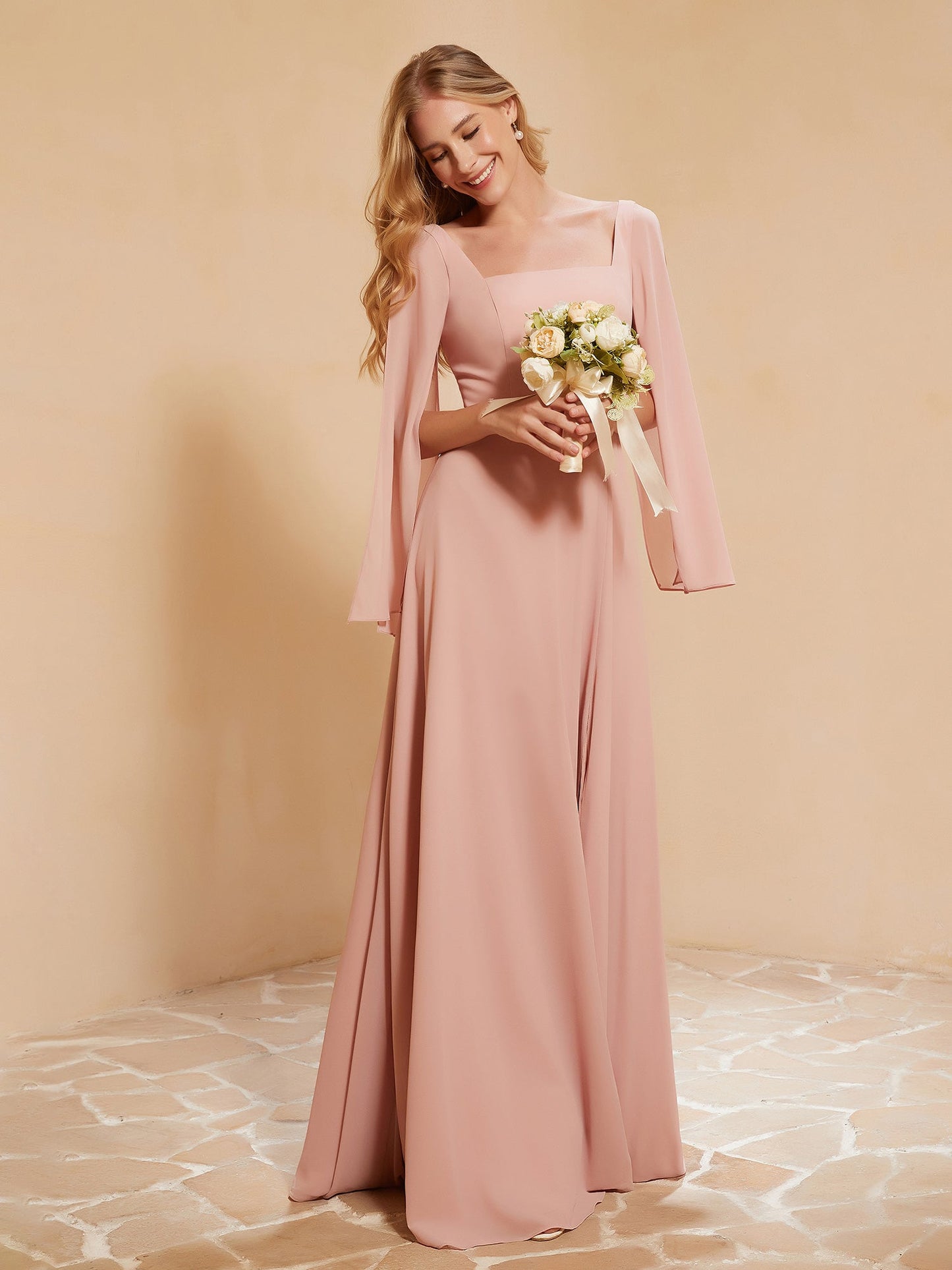 Square Neckline Ruched Chiffon Floor-length Dress Dusty Rose