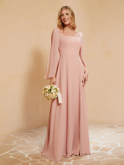 Square Neckline Ruched Chiffon Floor-length Dress Dusty Rose
