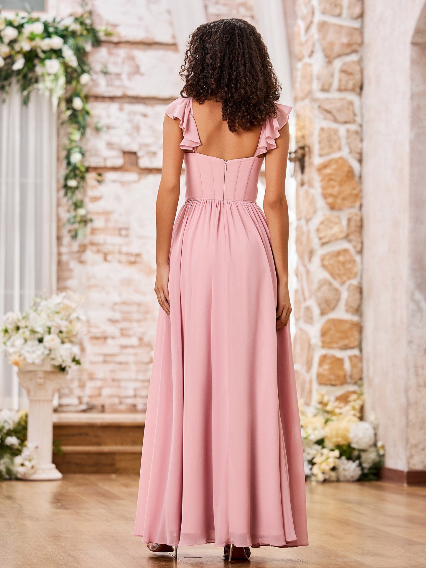 Sweetheart Neck Ruffle Shoulder Straps Chiffon Boho Dresses Dusty Rose