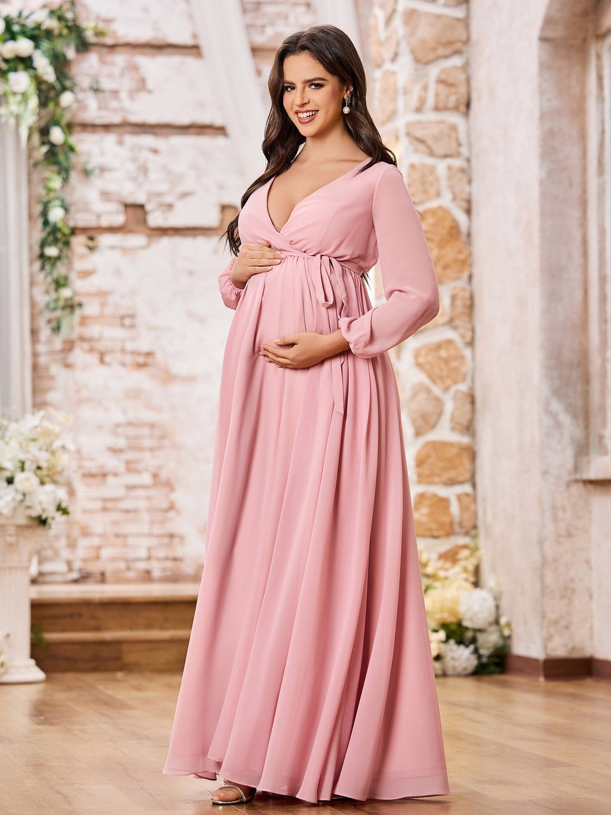 A-line V-neck Long Sleeves Chiffon Dresses with Slit Dusty Rose