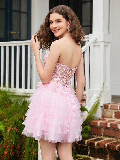 Sheer Applique Corset Tiered Tulle Short HOCO Dress Blushing Pink
