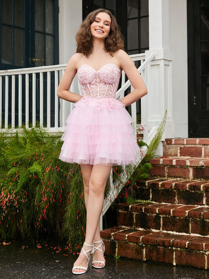 Sheer Applique Corset Tiered Tulle Short HOCO Dress Blushing Pink