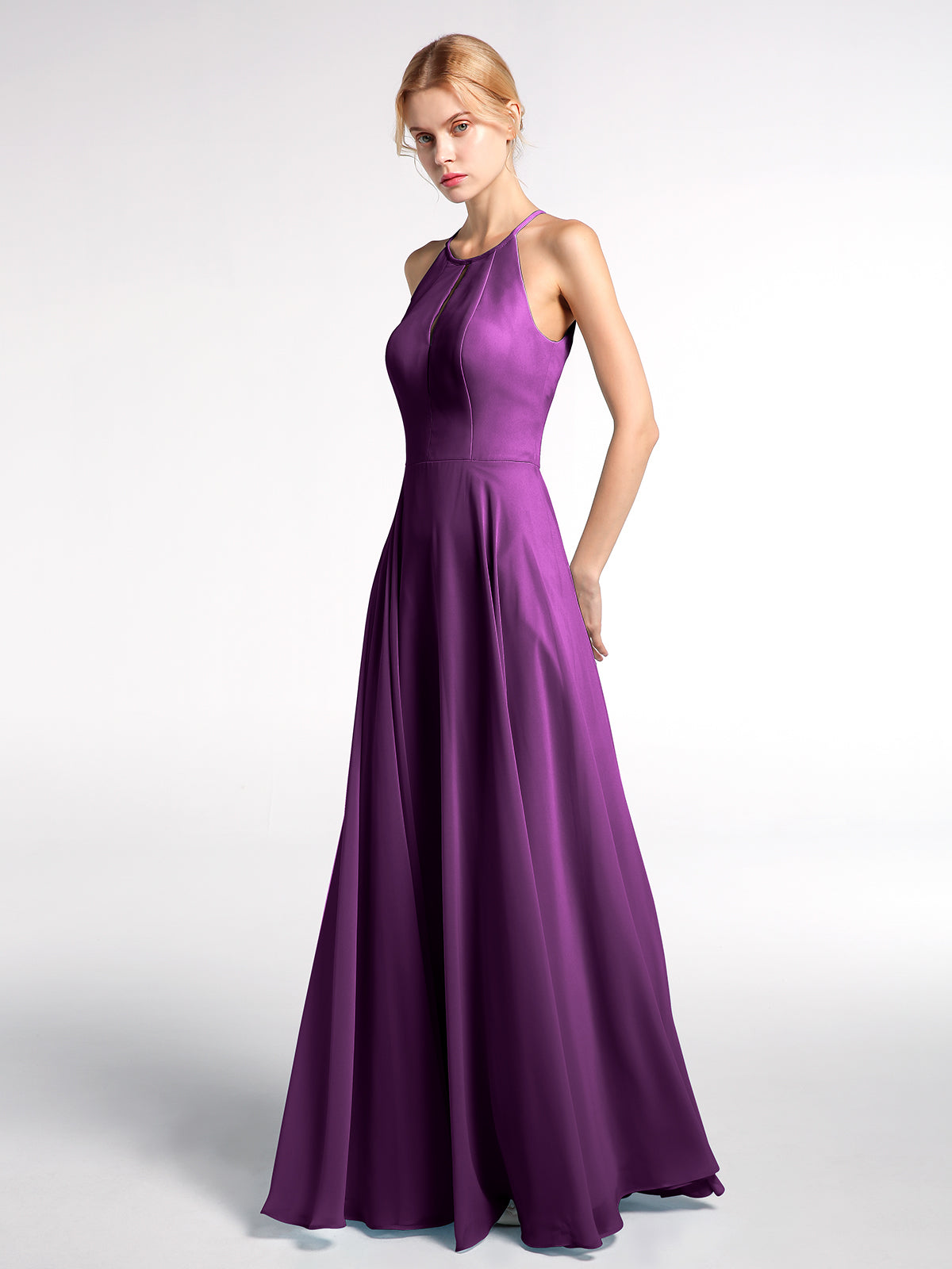 Keyhole Neckline Halter Circle Skirt Max Dress-Grape