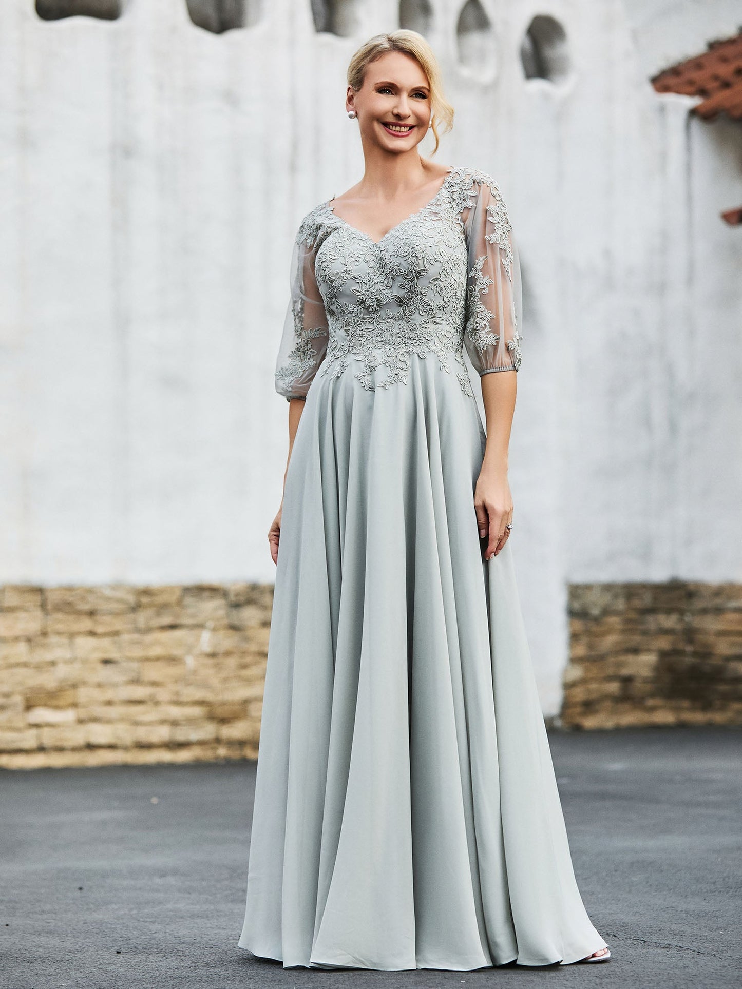 Half Sleeves Lace Top Pleated Dress Silver