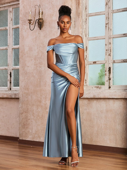 Sexy Off-the-shoulder Pleated High Slit Long Dress Dusty Blue