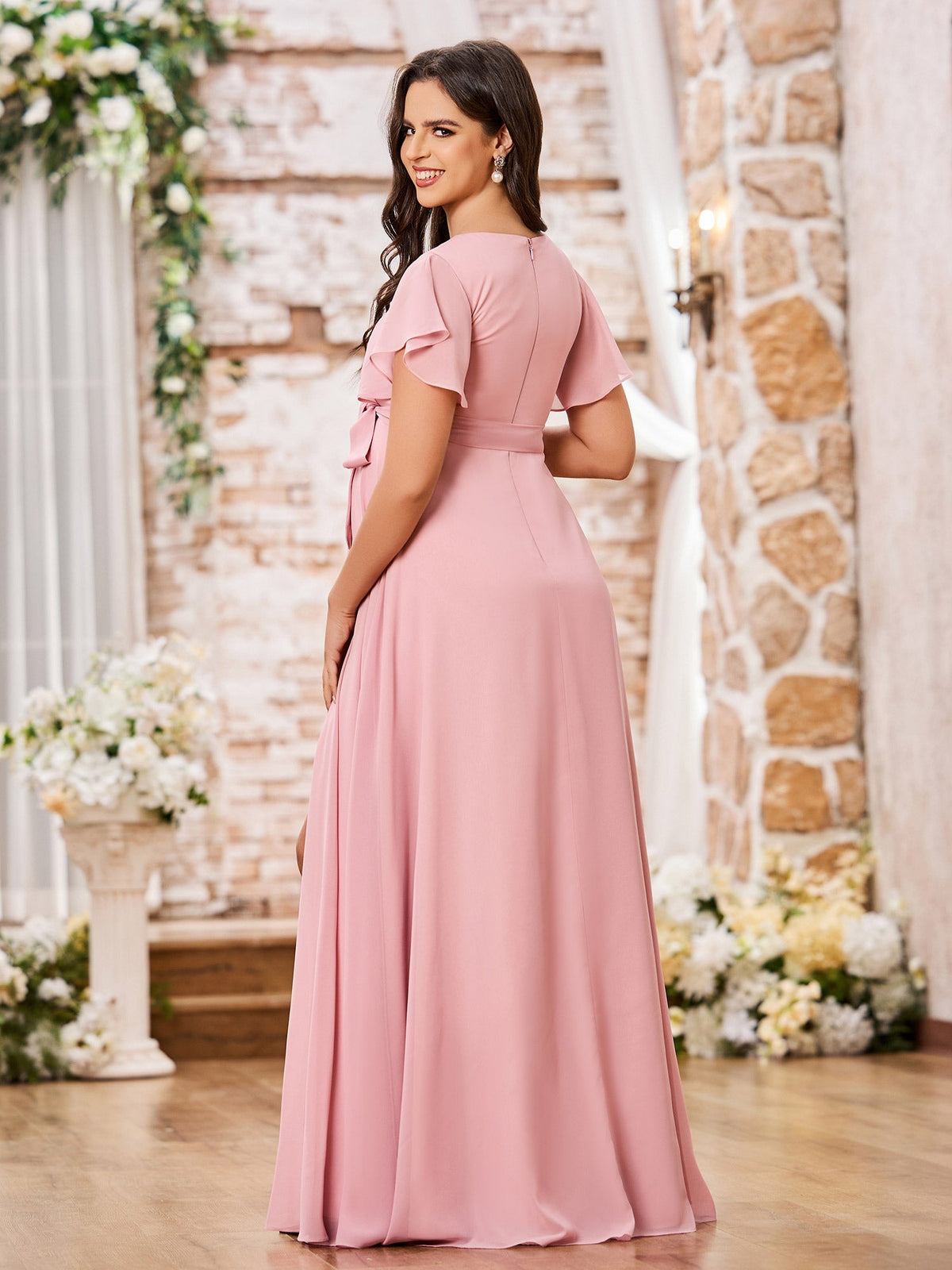 V-neck A-line Cap Sleeves Chiffon Maxi Dresses with Slit Dusty Rose