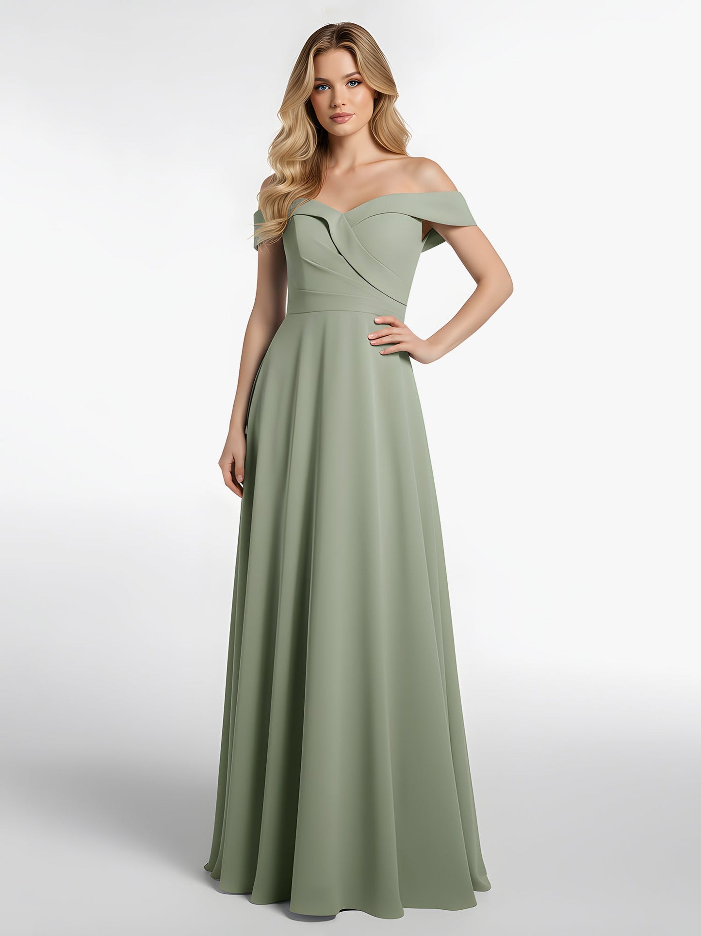 Off-the-Shoulder Circle Skirt Dress with Pockets-Dusty Sage