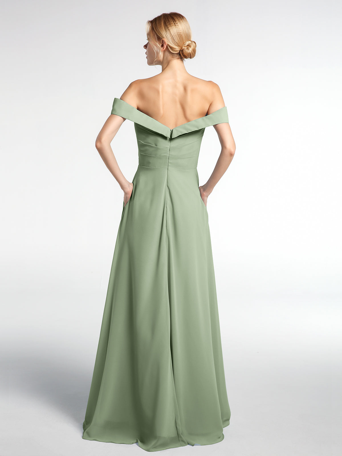 Off-the-Shoulder Circle Skirt Dress with Pockets-Dusty Sage