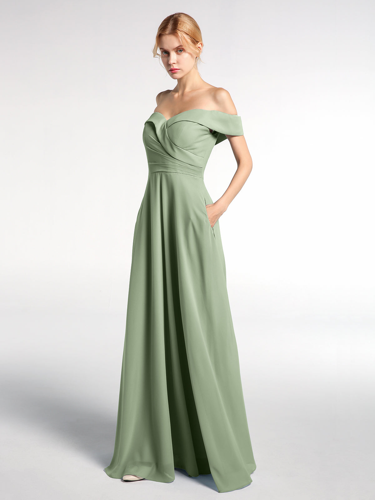 Off-the-Shoulder Circle Skirt Dress with Pockets-Dusty Sage
