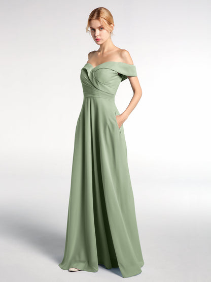 Off-the-Shoulder Circle Skirt Dress with Pockets-Dusty Sage