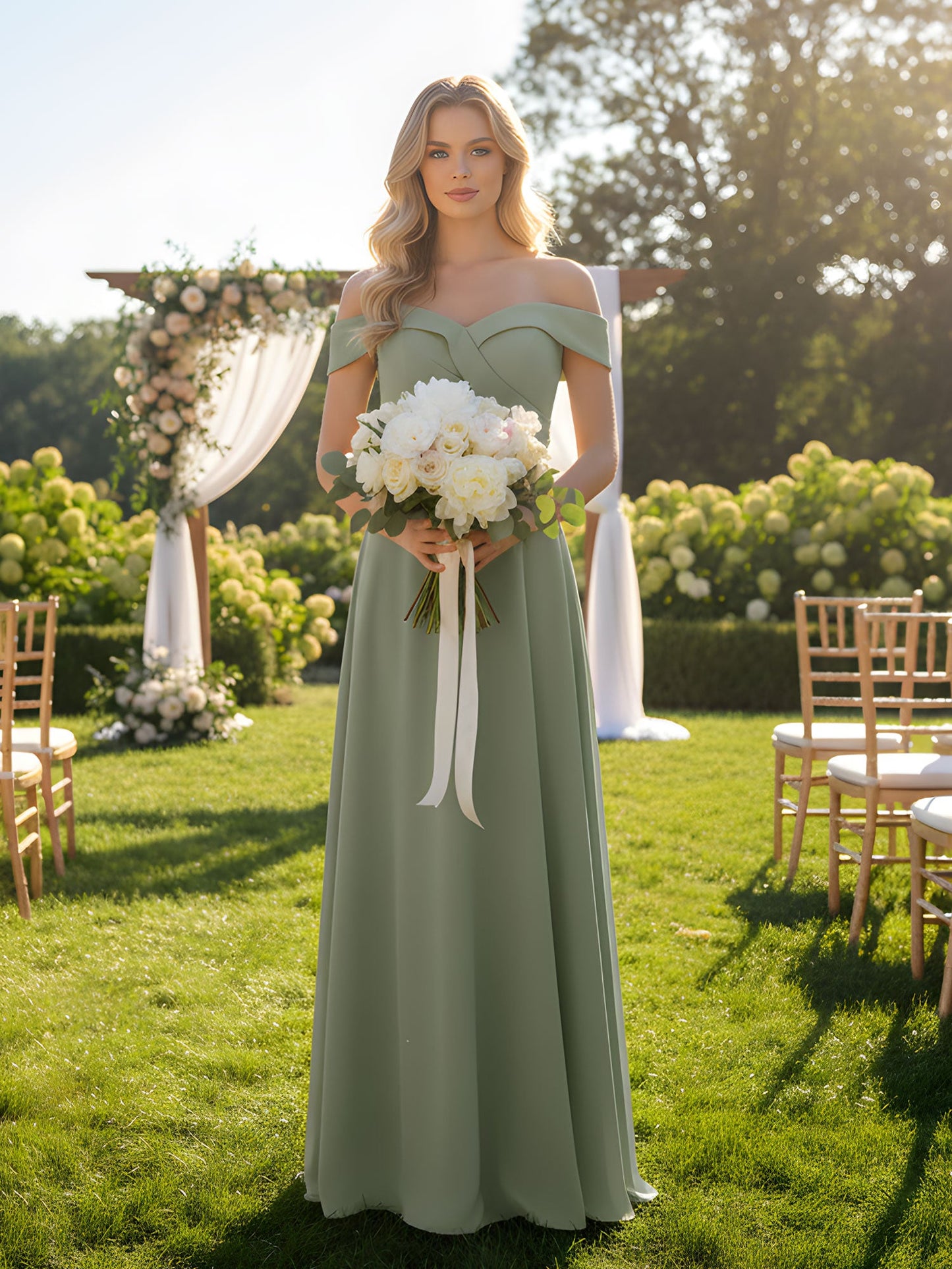 Off-the-Shoulder Circle Skirt Dress with Pockets-Dusty Sage