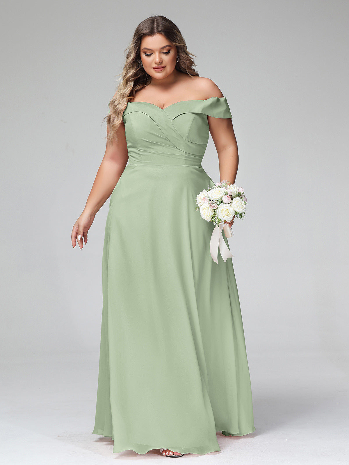 Off-the-Shoulder Circle Skirt Dress with Pockets-Dusty Sage