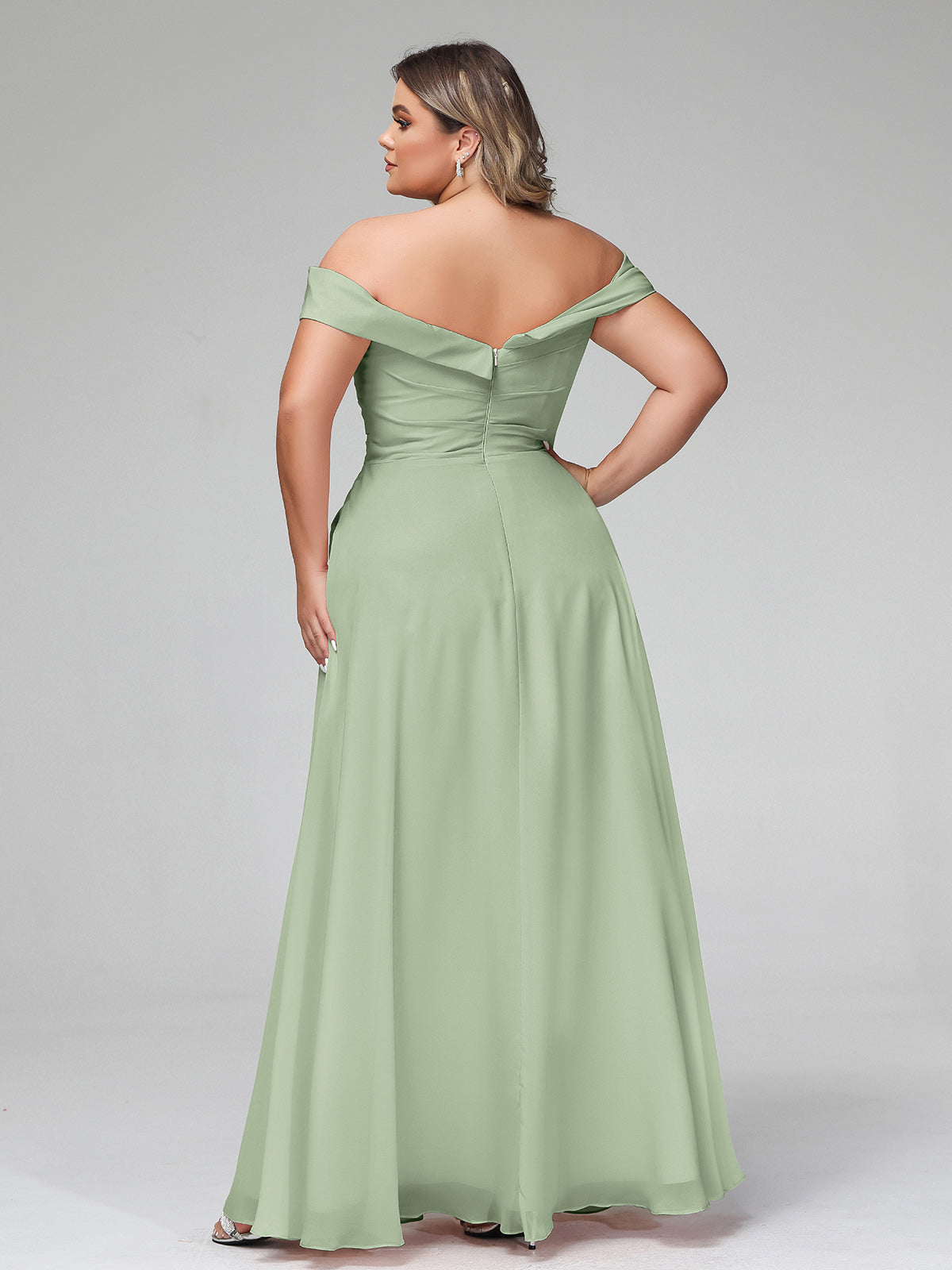 Off-the-Shoulder Circle Skirt Dress with Pockets-Dusty Sage
