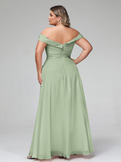 Off-the-Shoulder Circle Skirt Dress with Pockets-Dusty Sage
