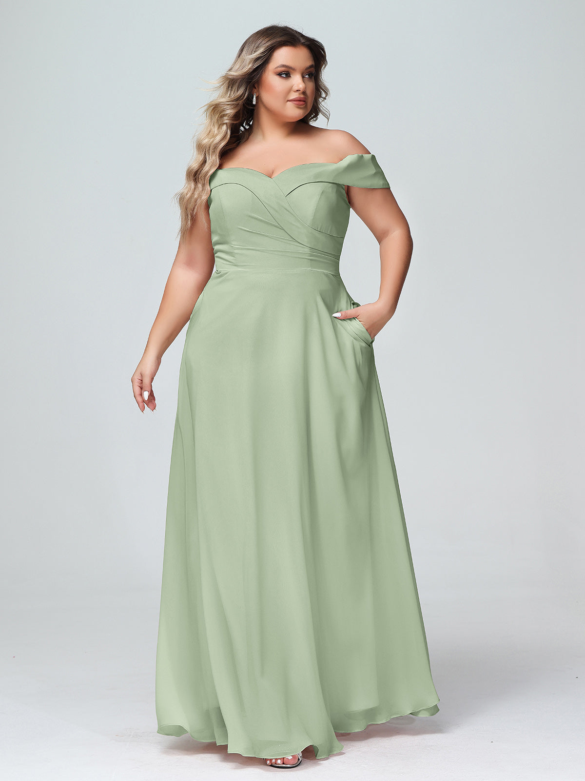 Off-the-Shoulder Circle Skirt Dress with Pockets-Dusty Sage