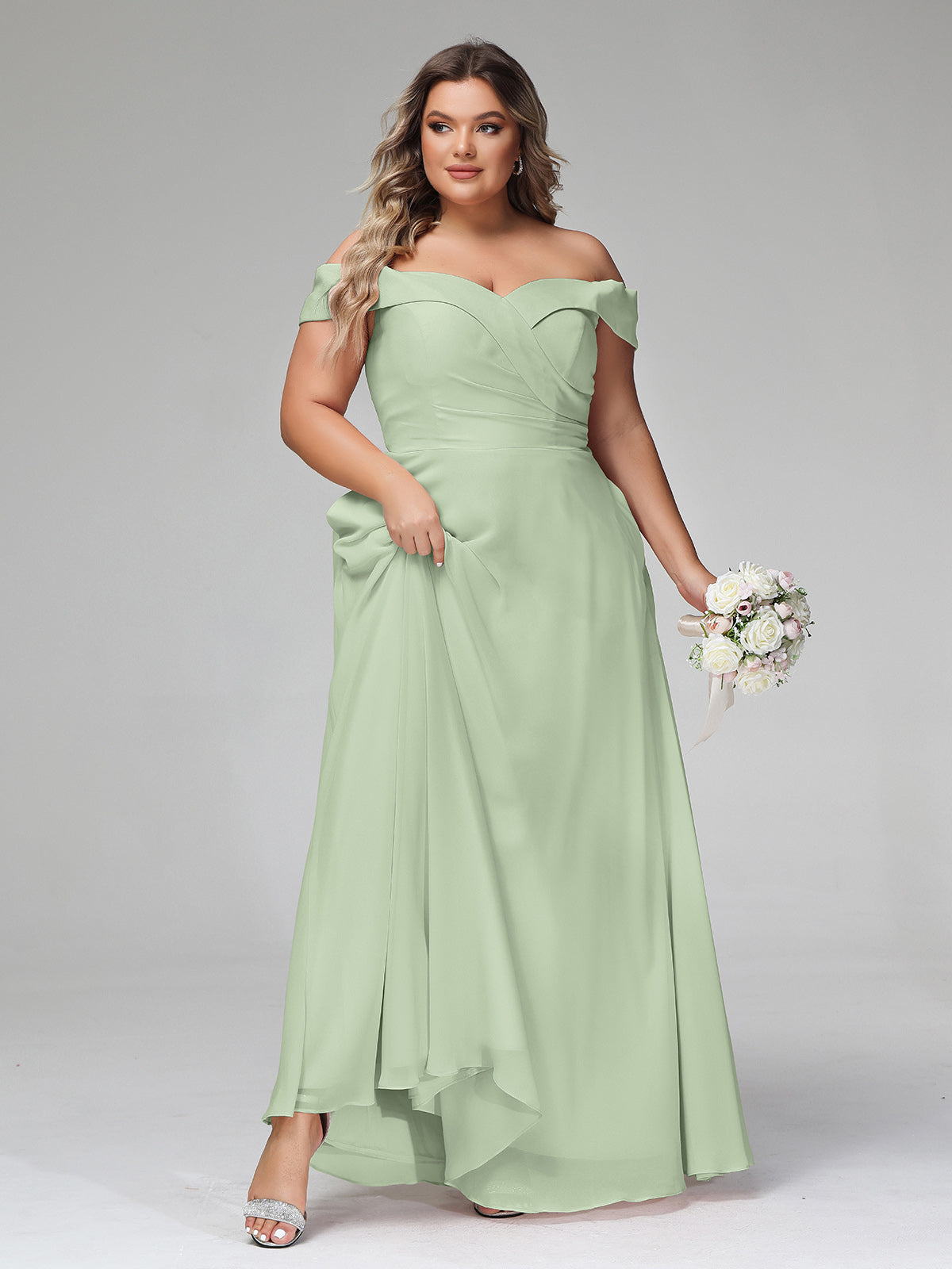 Off-the-Shoulder Circle Skirt Dress with Pockets-Dusty Sage