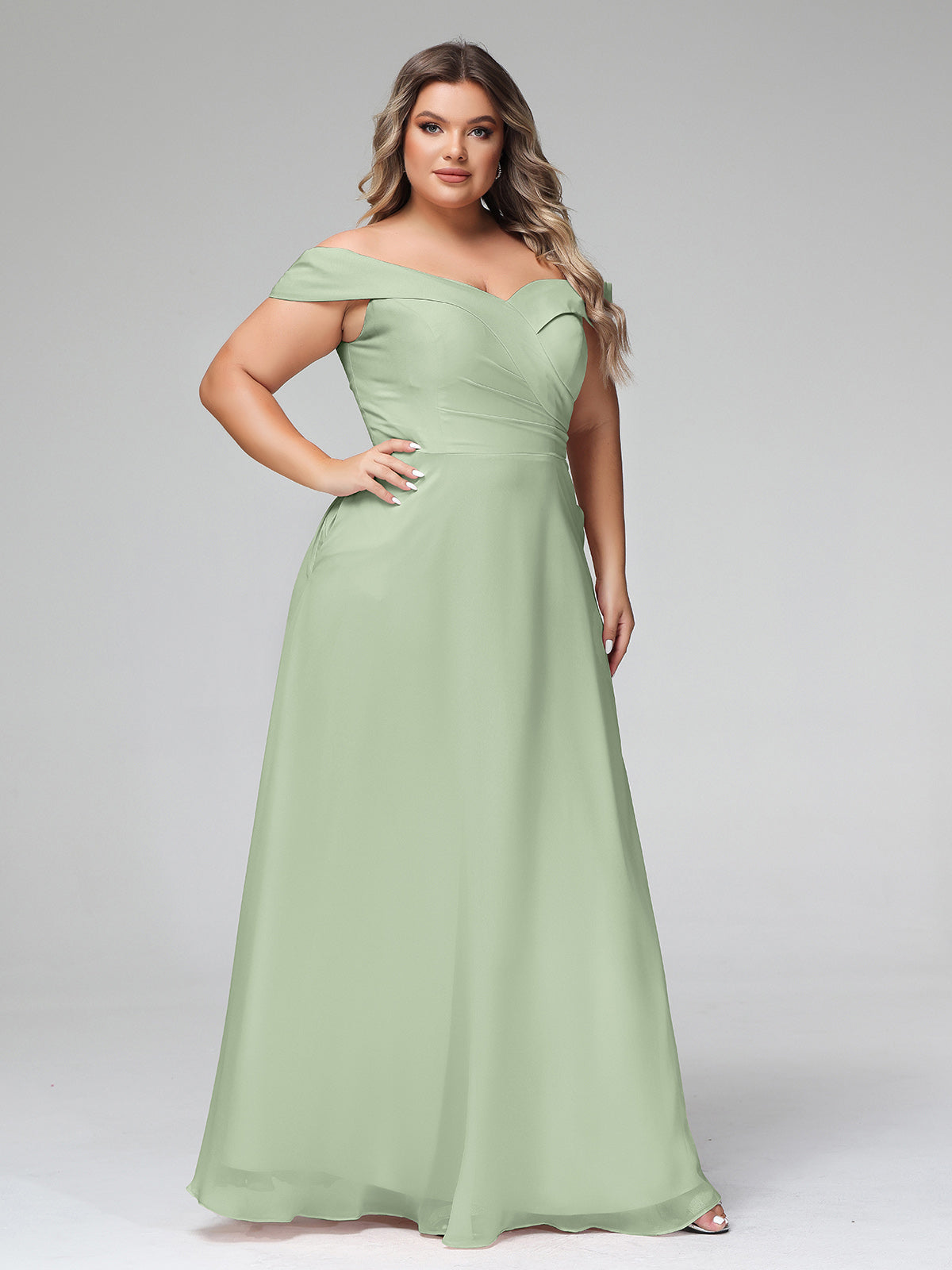Off-the-Shoulder Circle Skirt Dress with Pockets-Dusty Sage