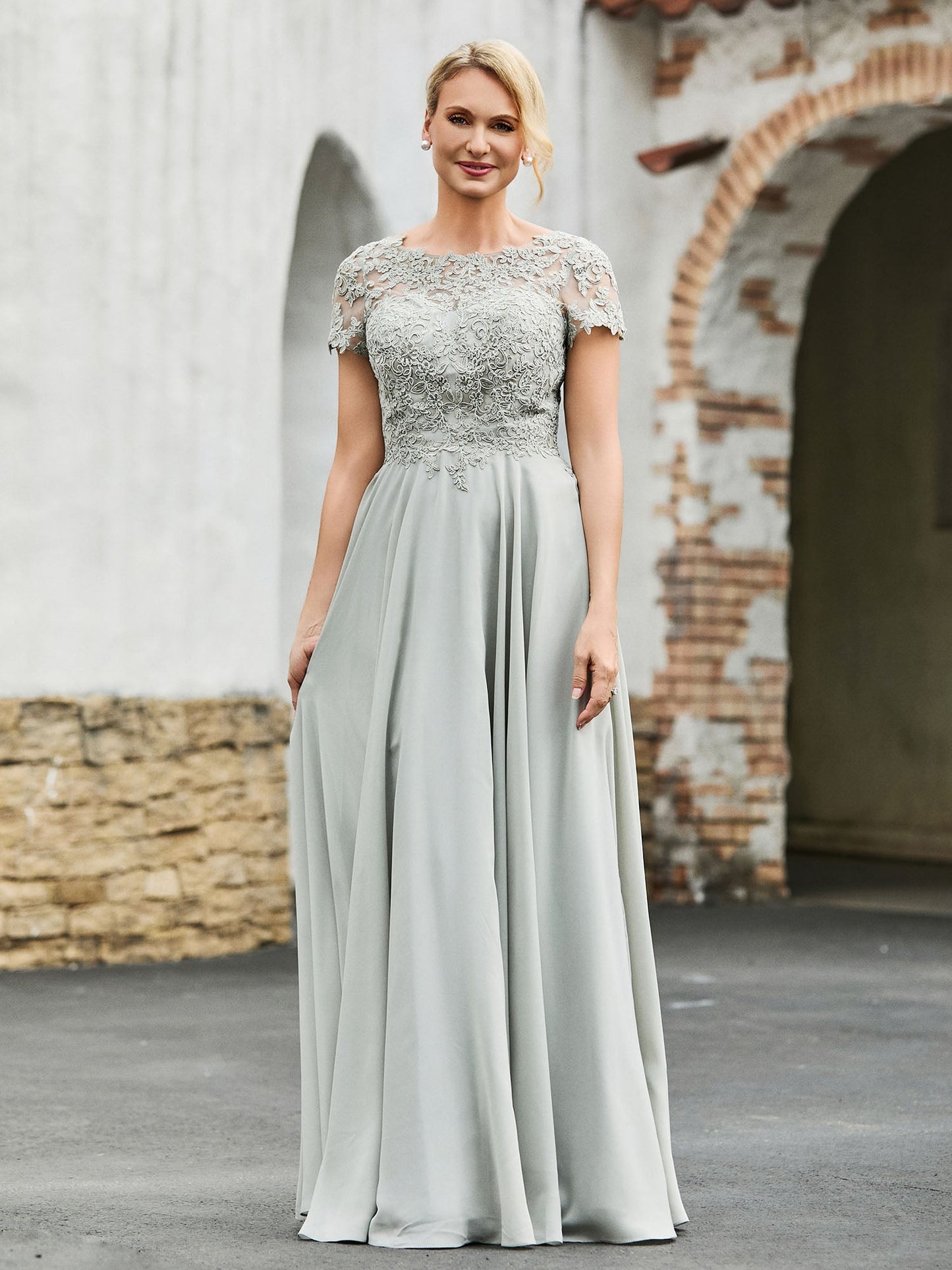 A-line Short Sleeves Lace Top Pleated Dress Silver