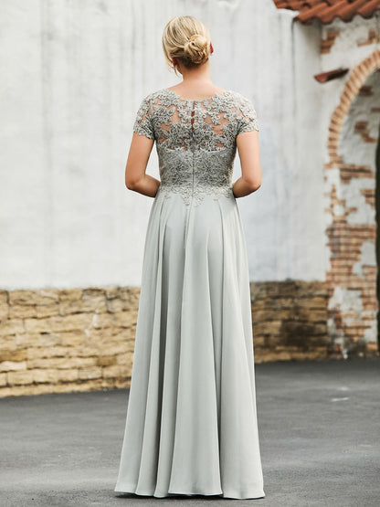 A-line Short Sleeves Lace Top Pleated Dress Silver
