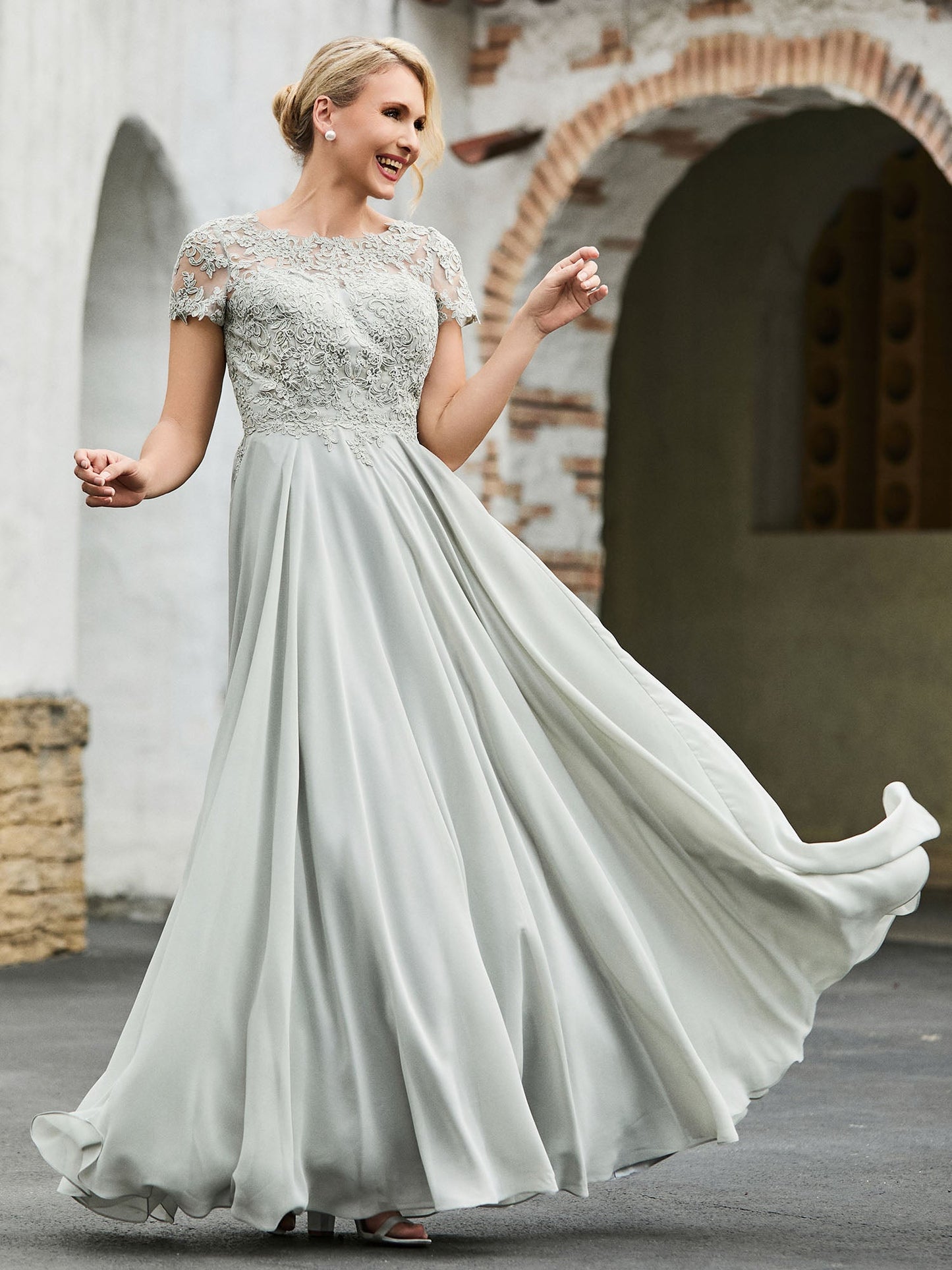 A-line Short Sleeves Lace Top Pleated Dress Silver