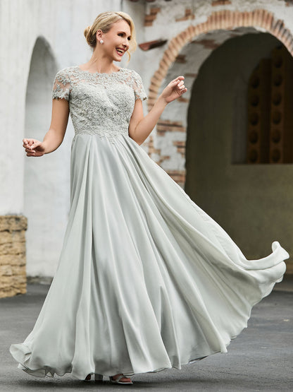 A-line Short Sleeves Lace Top Pleated Dress Silver