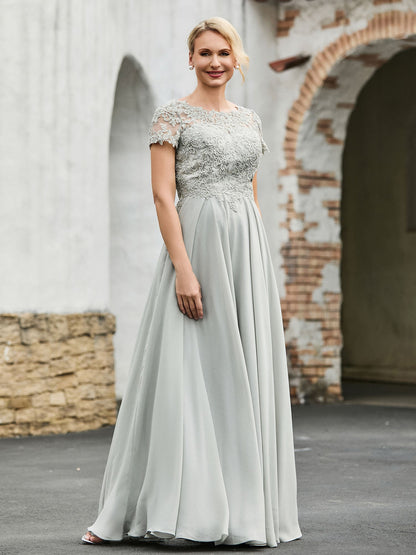 A-line Short Sleeves Lace Top Pleated Dress Silver
