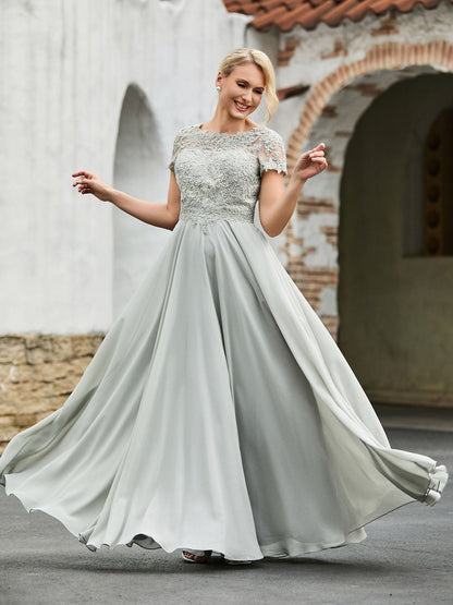 A-line Short Sleeves Lace Top Pleated Dress Silver