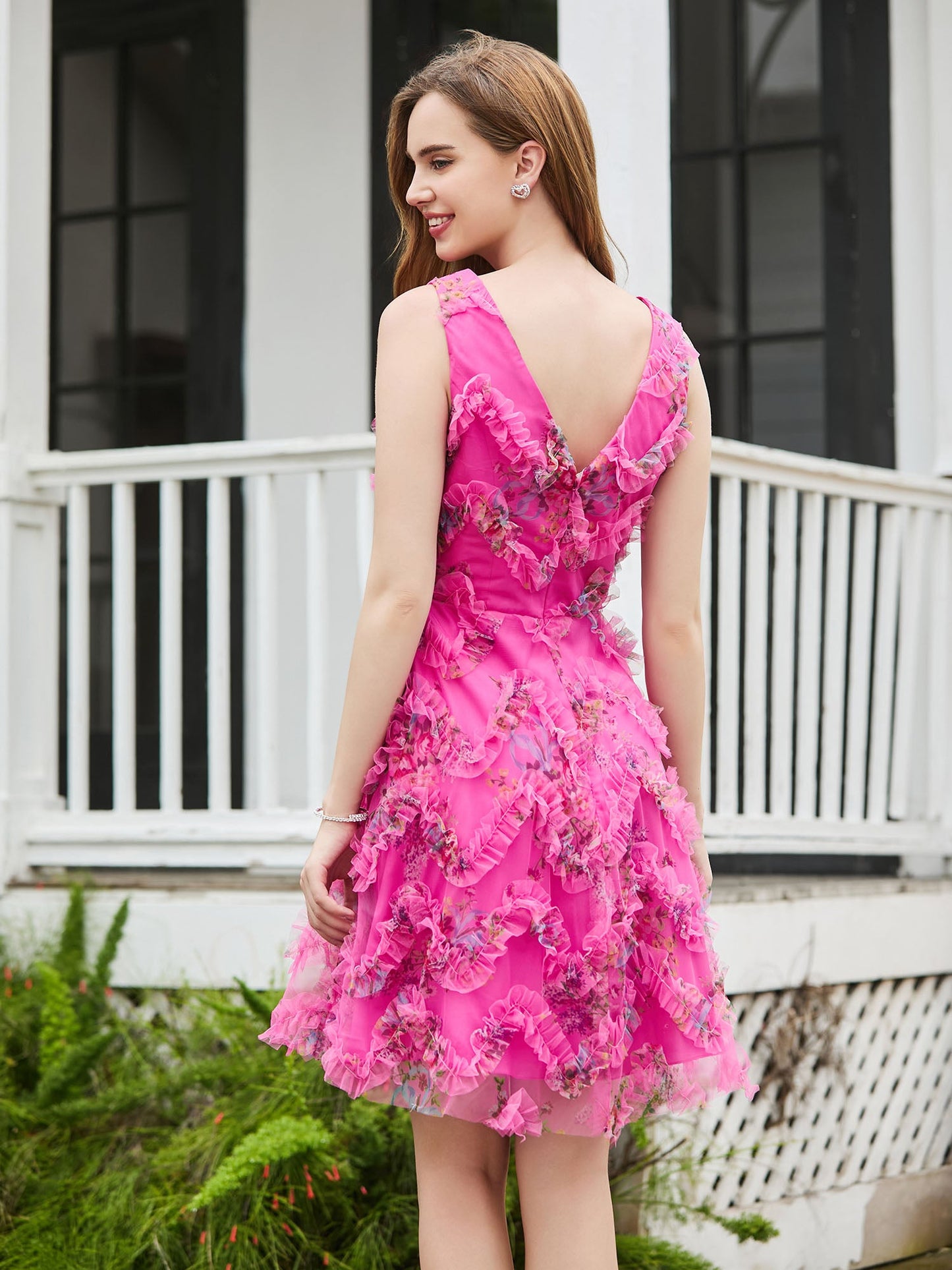 V-neck Sleeveless Floral Tulle A-line Mini Dress Azalea