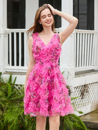 V-neck Sleeveless Floral Tulle A-line Mini Dress Azalea