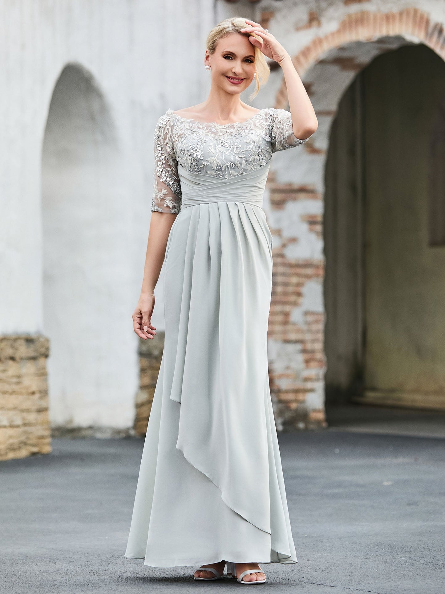 Lace Appliqued Top with Sequins Sheath Dress Silver