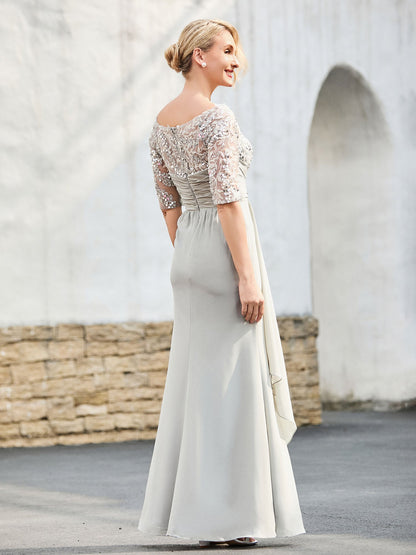 Lace Appliqued Top with Sequins Sheath Dress Silver