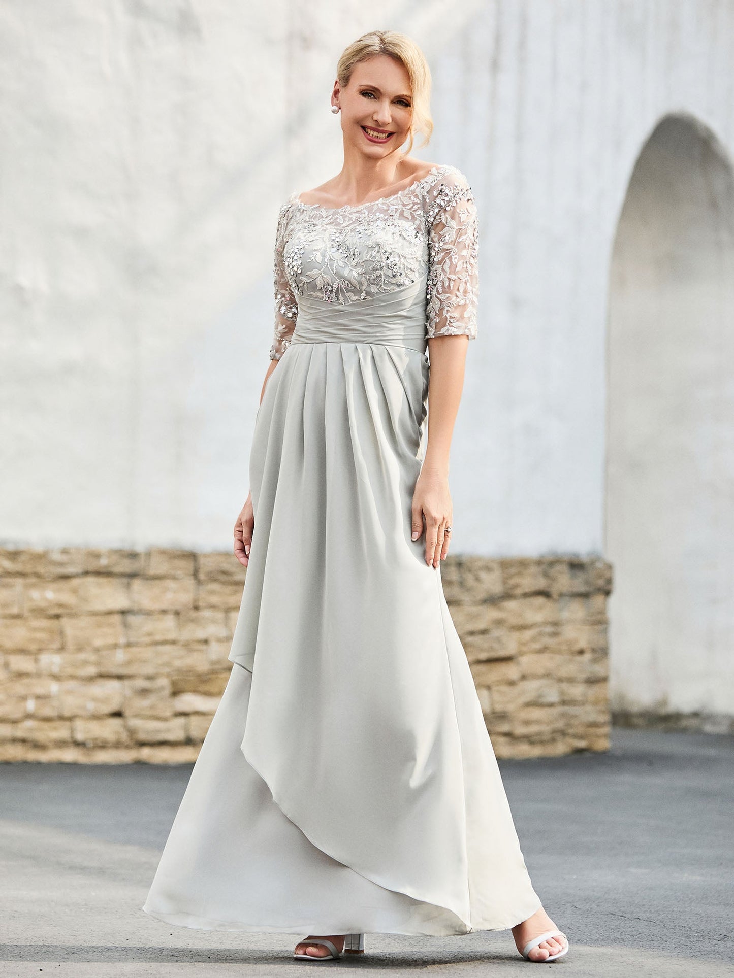 Lace Appliqued Top with Sequins Sheath Dress Silver