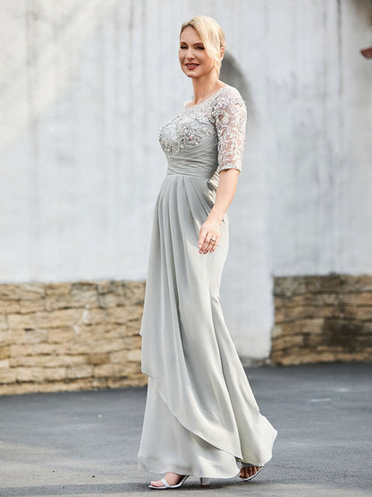 Lace Appliqued Top with Sequins Sheath Dress Silver